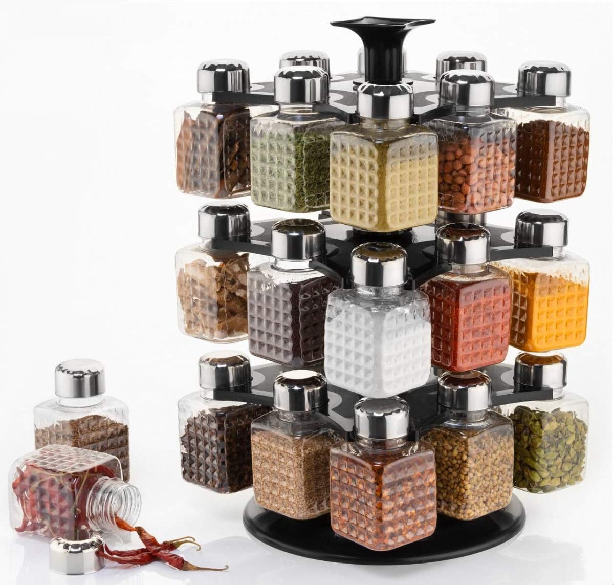 Large 360° spice rack with 24 square containers for kitchen use Large 360° spice rack with 24 square containers for kitchen use